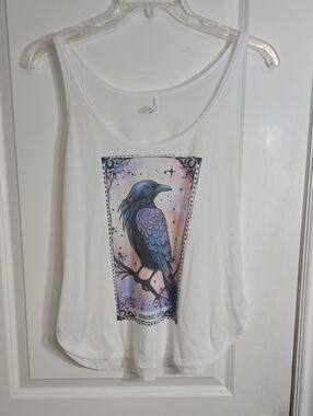 Hand Crafted White Tank Top with Purple & Blue Raven Graphic